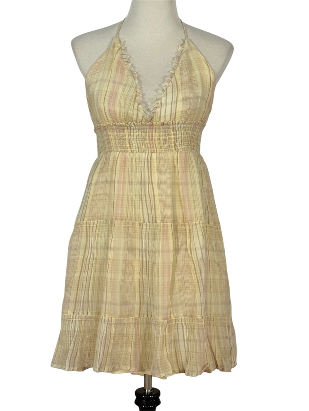 Urban Outfitters Kimchi Blue Phoebe Yellow Multi Open Back Halter Tiered Knee M - Picture 12 of 16